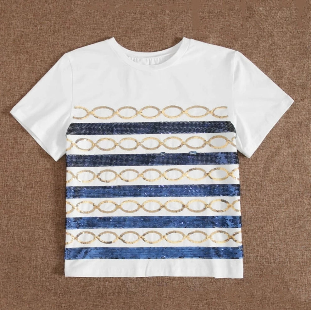 Striped & Geo Contrast Sequin Top